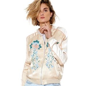 Blank NYC Pink Embroidered Satin Bomber Jacket